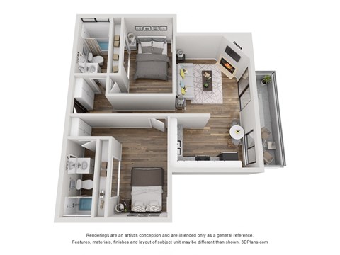 a stylized floor plan with a bedroom and a living room